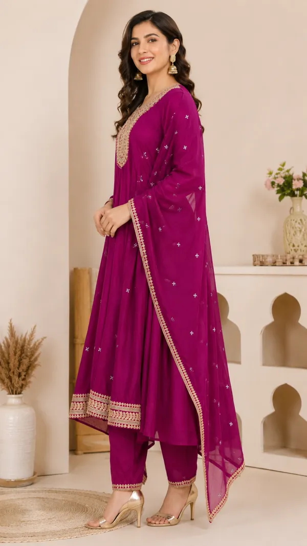 Magenta_Cotton_Anarkali_Kurta_Set_For_Women
