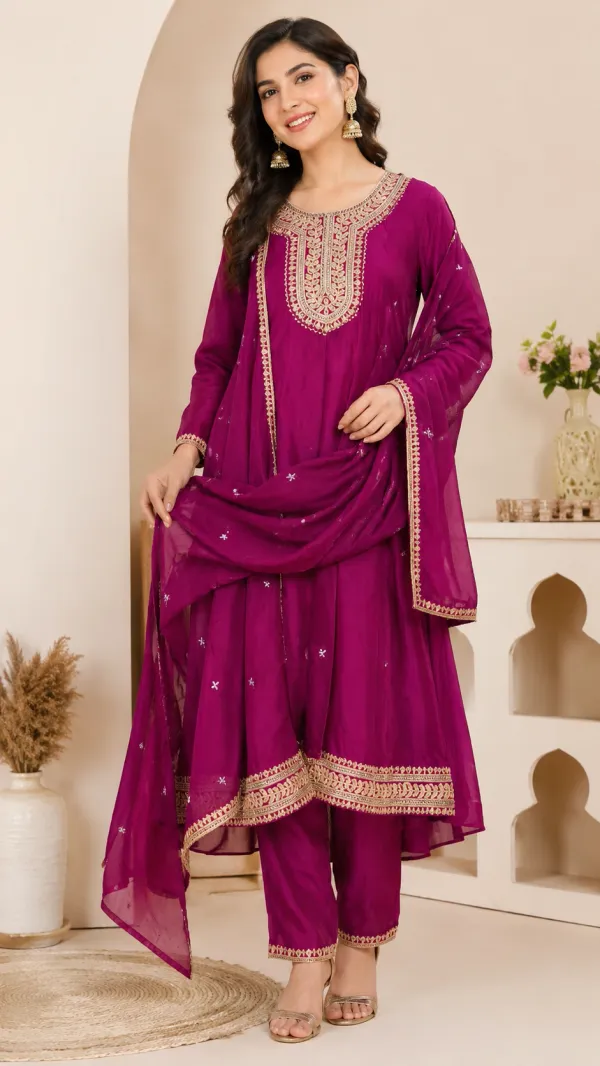 Magenta_Cotton_Anarkali_Kurta_Set_For_Women