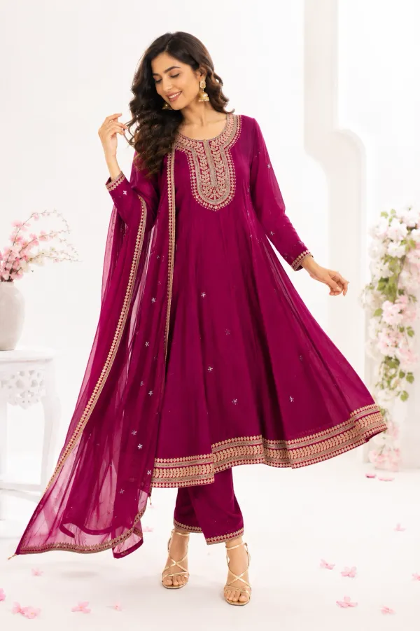 Magenta_Cotton_Anarkali_Kurta_Set_For_Women