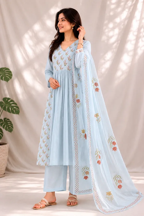 Yellow_And_Sky_Blue_Georgette_Floral_Embroidered_Anarkali_Kurta_Set_For_Women_Pack_Of_2