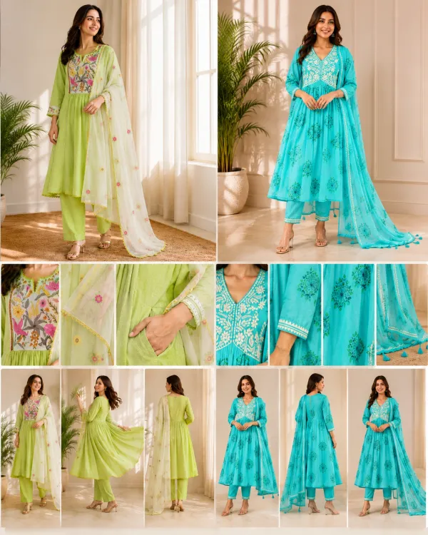 Lime_Green_And_Turquoise_Cotton_Floral_Embroidered_Anarkali_Kurta_Set_For_Women_Pack_Of_2