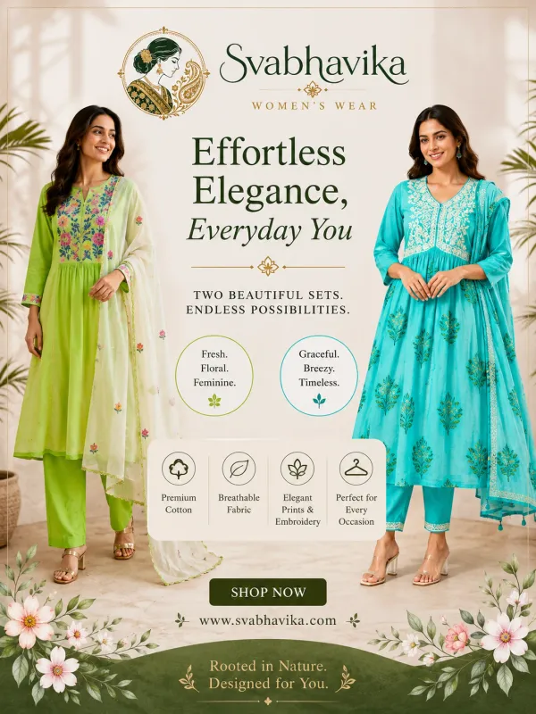 Lime_Green_And_Turquoise_Cotton_Floral_Embroidered_Anarkali_Kurta_Set_For_Women_Pack_Of_2