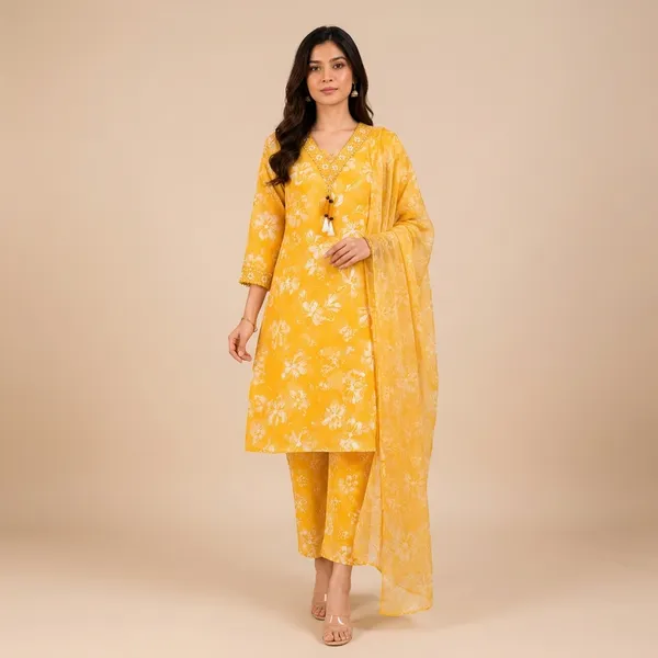 Yellow_And_Off_White_Cotton_Floral_Embroidered_Anarkali_Kurta_Set_With_Dupatta_For_Women_Pack_Of_2