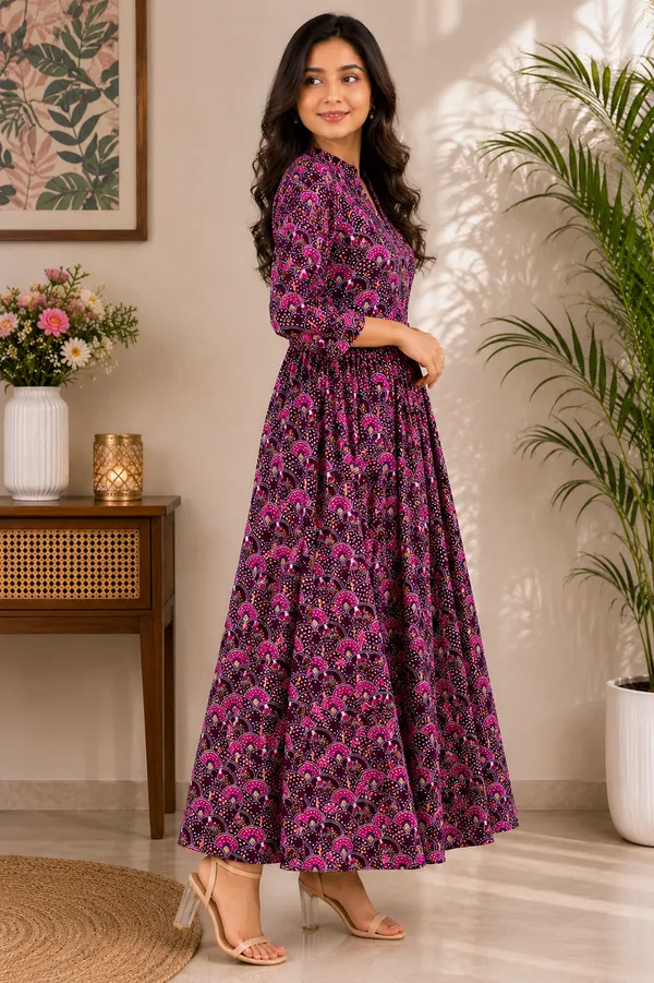 Teal_Green_And_Purple_Cotton_Floral_Print_Anarkali_Kurta_Set_For_Women_Pack_Of_2
