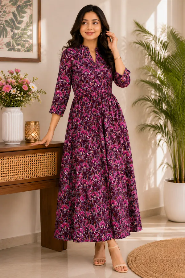 Teal_Green_And_Purple_Cotton_Floral_Print_Anarkali_Kurta_Set_For_Women_Pack_Of_2