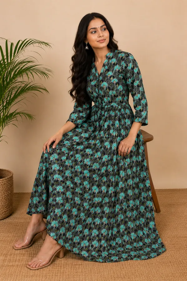 Teal_Green_And_Purple_Cotton_Floral_Print_Anarkali_Kurta_Set_For_Women_Pack_Of_2