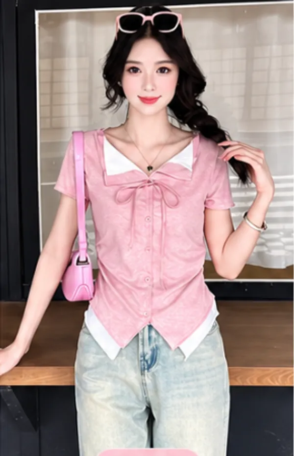Pink_And_White_Cotton_Contrast_Collar_Button_Down_Crop_Top_For_Women
