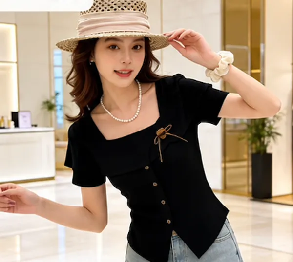 Black_Cotton_Short_Sleeve_Button_Front_Crop_Top_For_Women