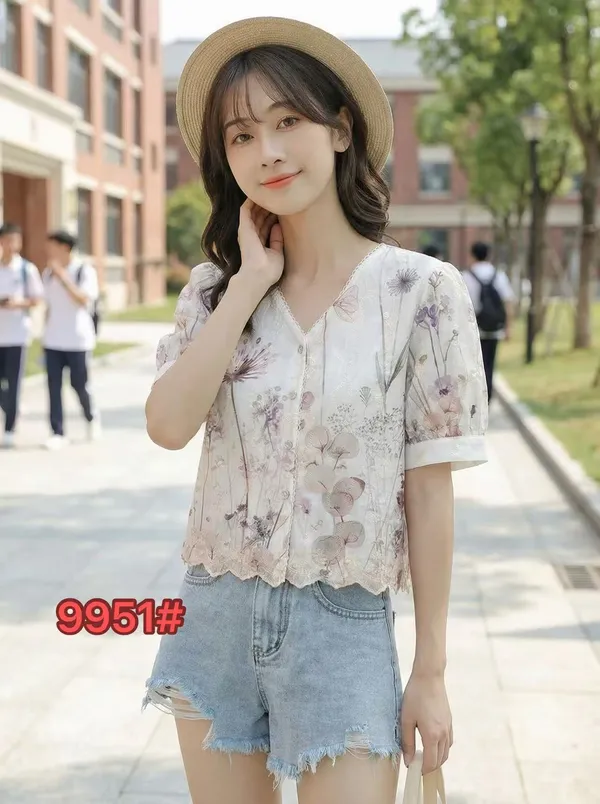 White_Cotton_Floral_Printed_V_Neck_Short_Sleeve_Top_For_Women