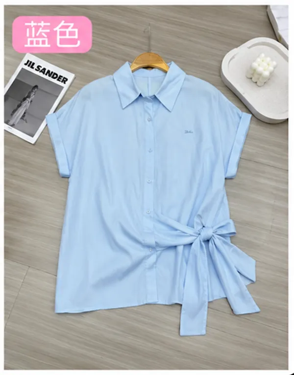 Light_Blue_Cotton_Relaxed_Collared_Side_Tie_Shirt_For_Women