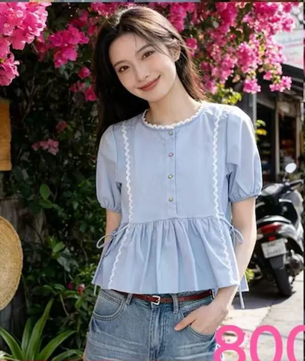 Blue_White_Cotton_Lace_Detail_Puff_Sleeve_Top_For_Women