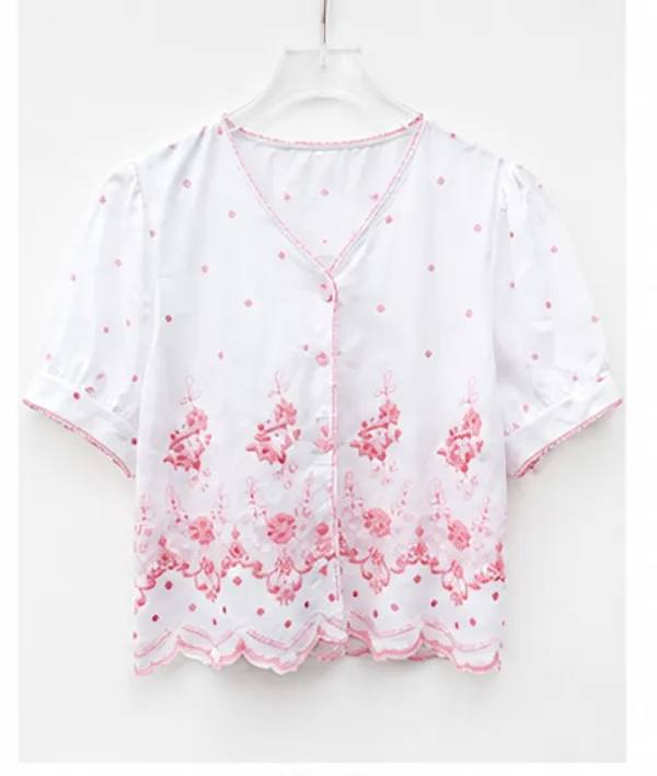 White_Cotton_Floral_Embroidered_Short_Sleeve_Top_For_Women