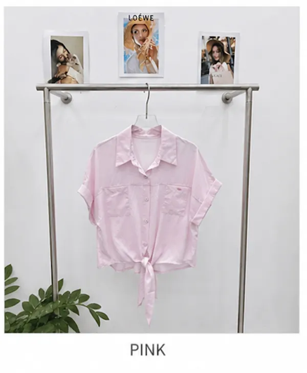 Pink_Satin_Short_Sleeve_Tie_Front_Shirt_For_Women