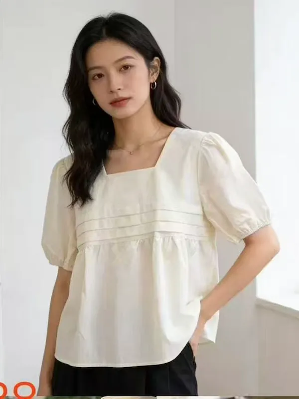 White_Cotton_Empire_Waist_Puff_Sleeve_Top_For_Women