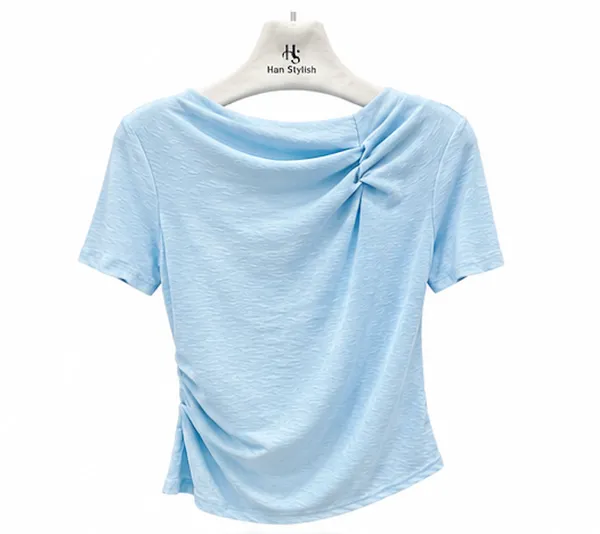 Light_Blue_Cotton_Twisted_Neckline_Short_Sleeve_Crop_Top_For_Women