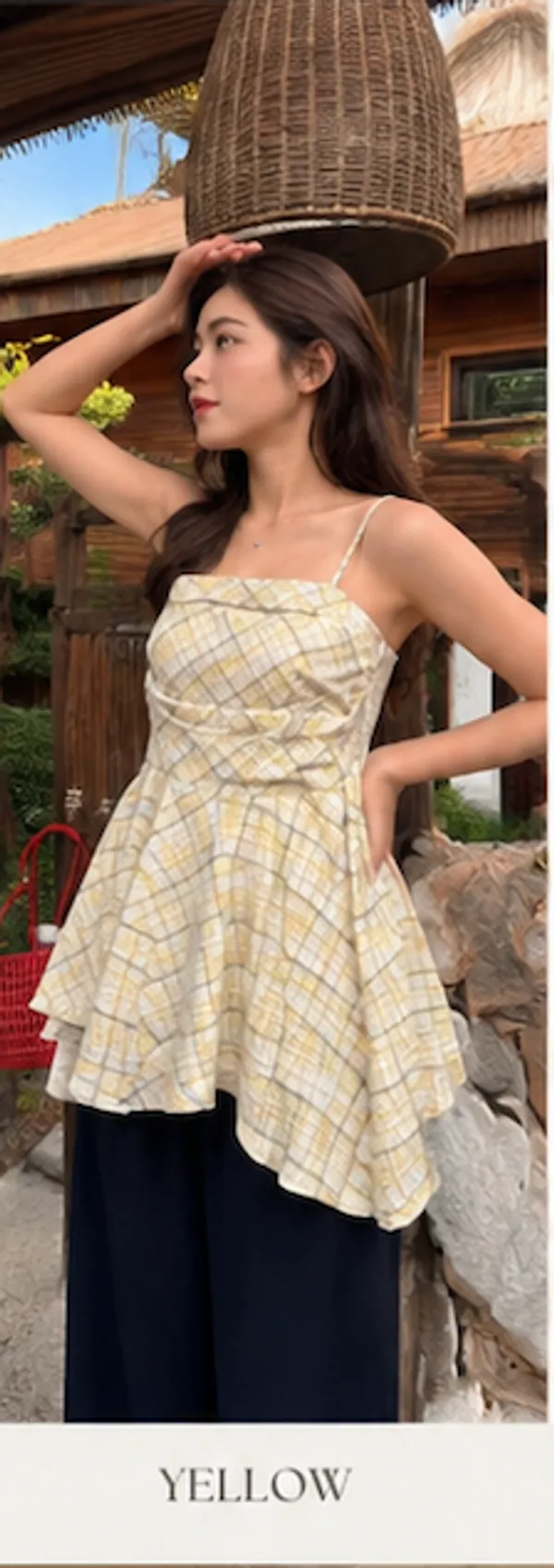 Yellow_Cotton_Checkered_Sleeveless_Peplum_Top_For_Women