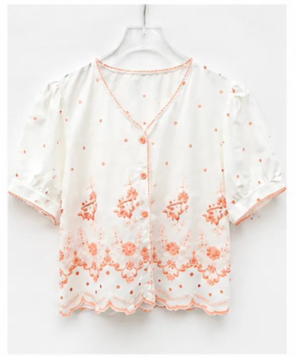 White_Cotton_Puff_Sleeve_Floral_Embroidered_Button_Down_Top_For_Women