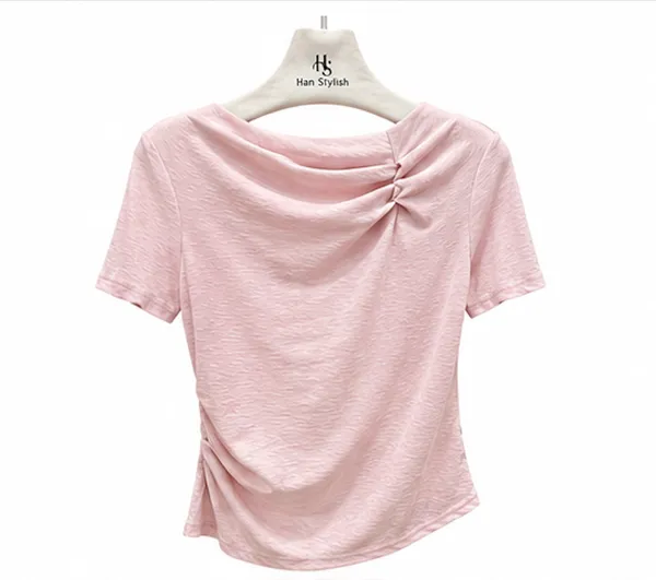 Pink_Cotton_Gathered_Neck_Short_Sleeve_Crop_Top_For_Women