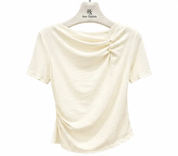 Cream_Cotton_Cowl_Neck_Short_Sleeve_Crop_Top_For_Women