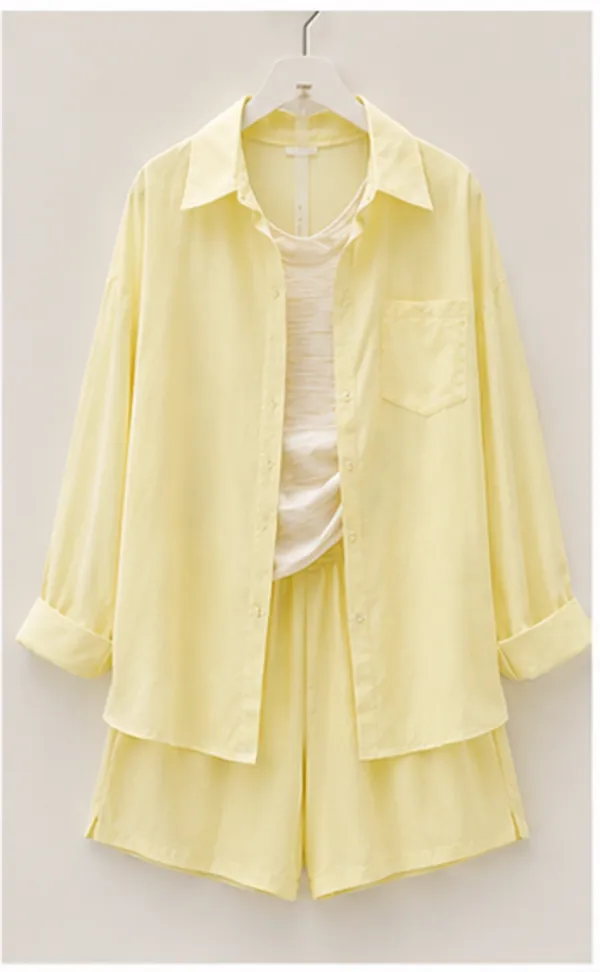 Pastel_Yellow_Sheer_Oversized_Shirt_And_Shorts_Co_Ord_Set_For_Women