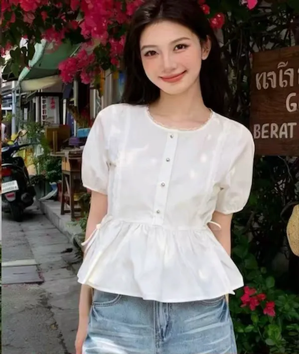 White_Cotton_Puff_Sleeve_Button_Front_Peplum_Top_For_Women