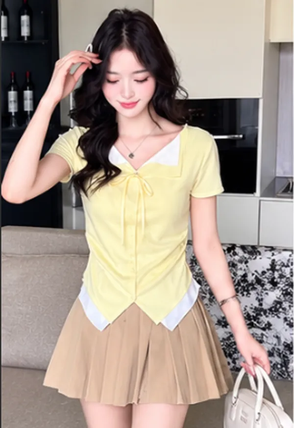 Yellow_And_White_Cotton_Layered_Crop_Top_Skirt_Set_For_Women