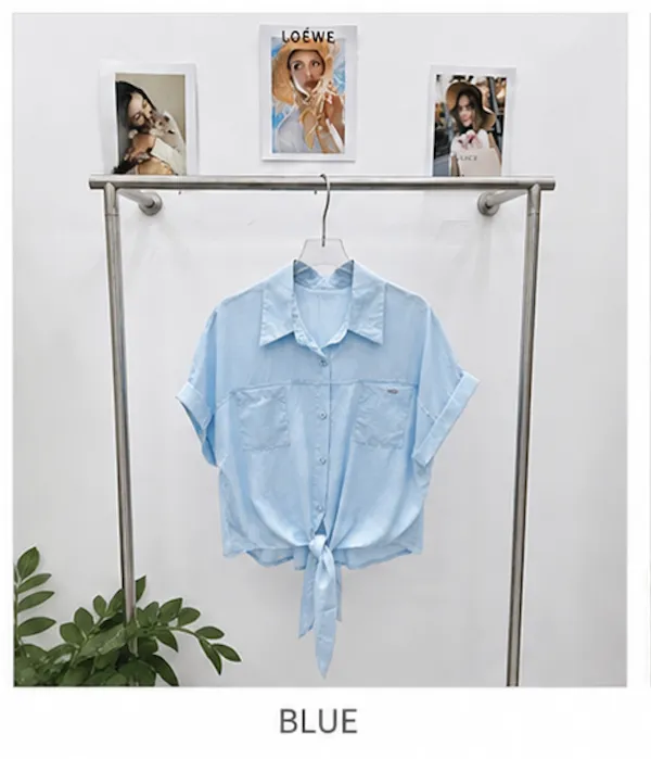 Blue_Satin_Short_Sleeve_Tie_Front_Shirt_For_Women