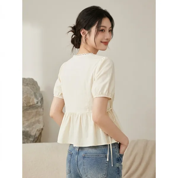 Cream_Cotton_Puff_Sleeve_Button_Front_Peplum_Top_For_Women