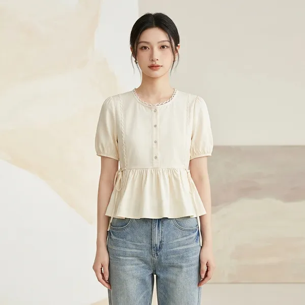 Cream_Cotton_Puff_Sleeve_Button_Front_Peplum_Top_For_Women