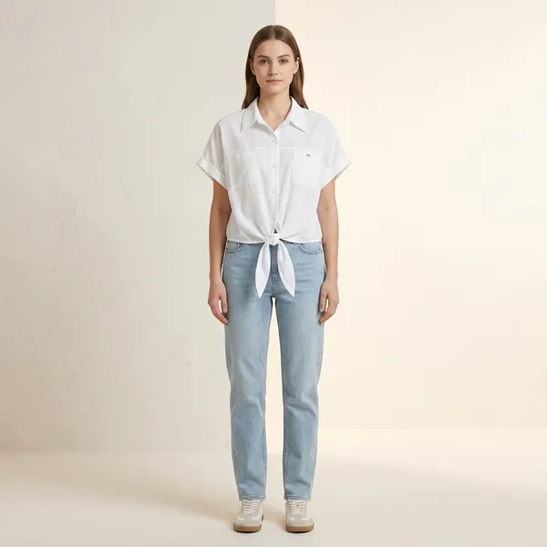 White_Cotton_Relaxed_Tie_Front_Short_Sleeve_Shirt_For_Women