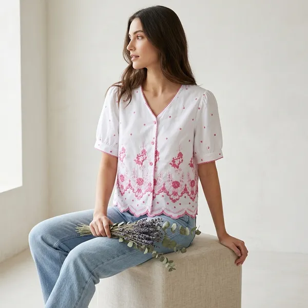 White_Cotton_Floral_Embroidered_Short_Sleeve_Top_For_Women