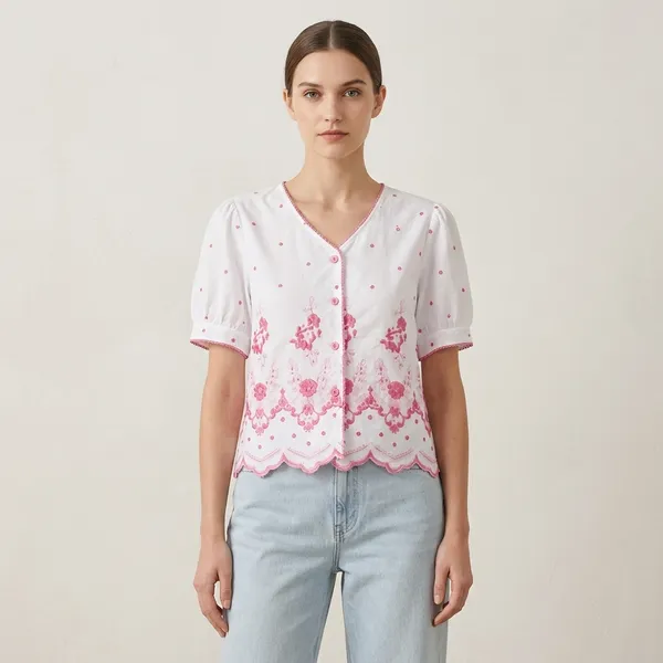 White_Cotton_Floral_Embroidered_Short_Sleeve_Top_For_Women