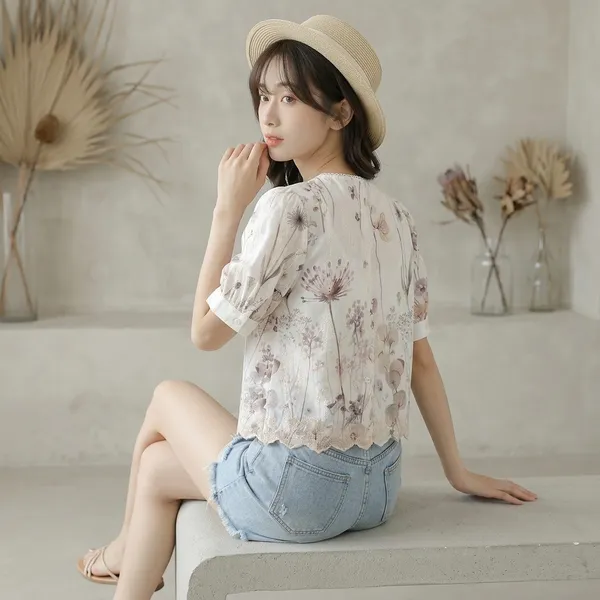White_Cotton_Floral_Printed_V_Neck_Short_Sleeve_Top_For_Women
