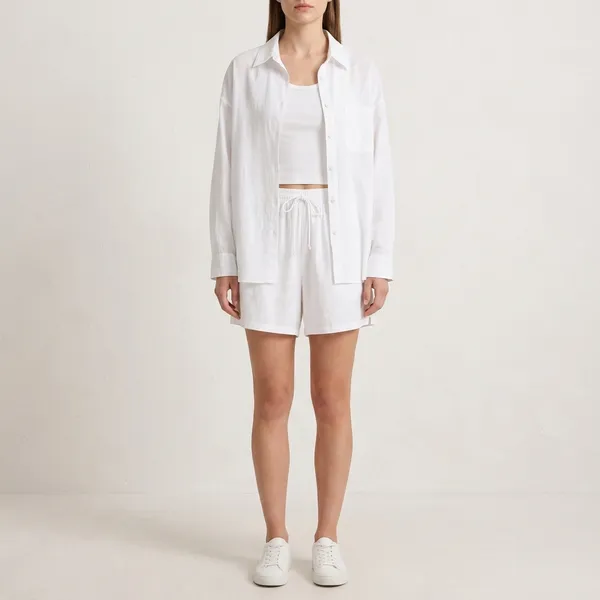 White_Cotton_Relaxed_Collared_Shirt_And_Shorts_Set_For_Women