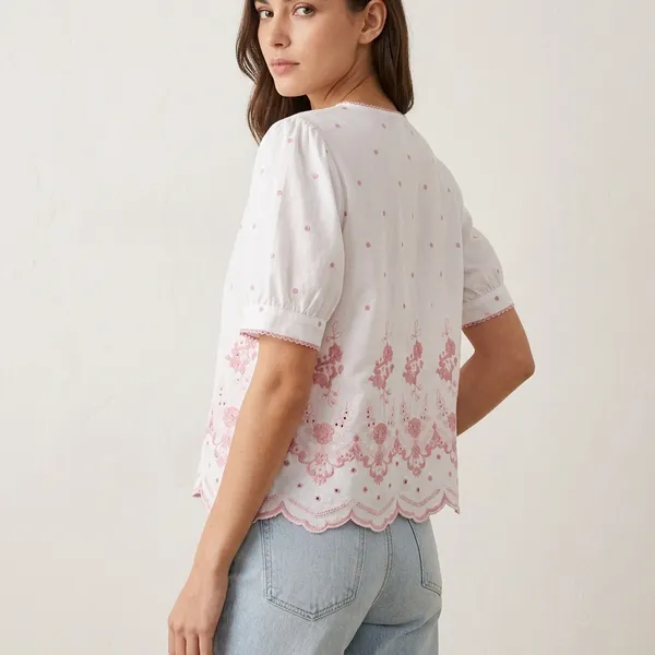 White_Cotton_Floral_Embroidered_Short_Sleeve_Top_For_Women