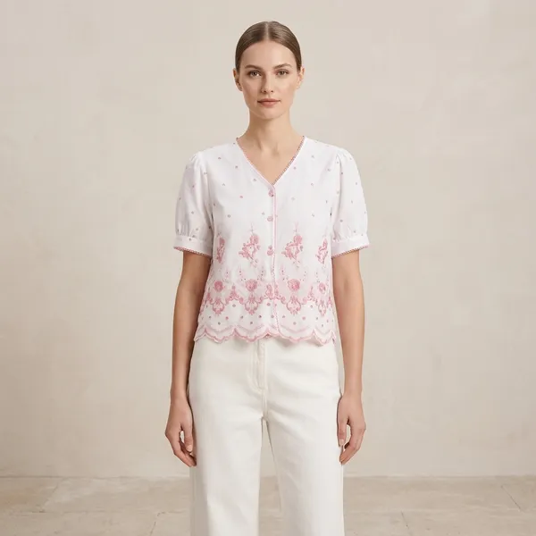 White_Cotton_Floral_Embroidered_Short_Sleeve_Top_For_Women