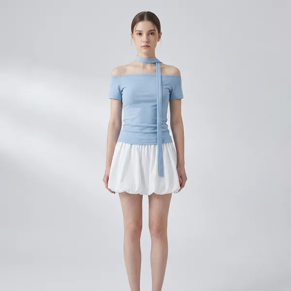 Blue_And_White_Cotton_Off_Shoulder_Short_Sleeve_Dress_For_Women