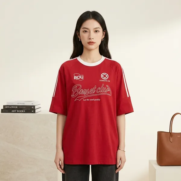 Red_Cotton_Blend_Varsity_Style_T_Shirt_For_Women