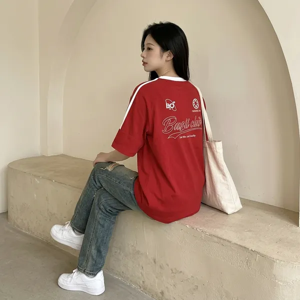 Red_Cotton_Blend_Varsity_Style_T_Shirt_For_Women