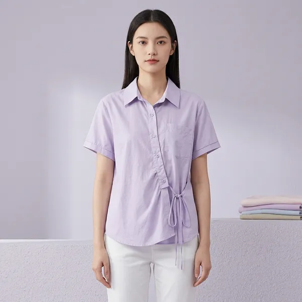 Purple_Cotton_Relaxed_Drawstring_Button_Down_Shirt_For_Women