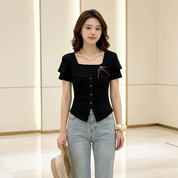 Black_Cotton_Short_Sleeve_Button_Front_Crop_Top_For_Women