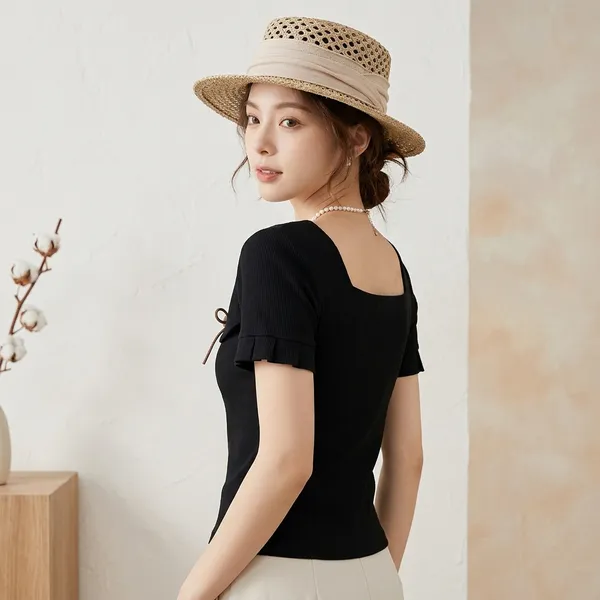 Black_Cotton_Short_Sleeve_Button_Front_Crop_Top_For_Women