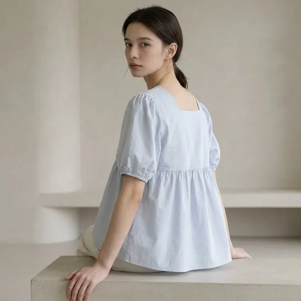 Light_Blue_Cotton_Puff_Sleeve_Empire_Waist_Top_For_Women