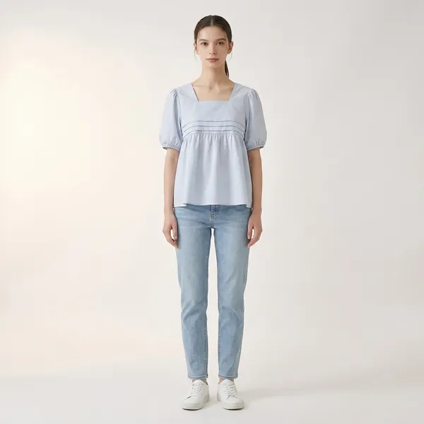 Light_Blue_Cotton_Puff_Sleeve_Empire_Waist_Top_For_Women