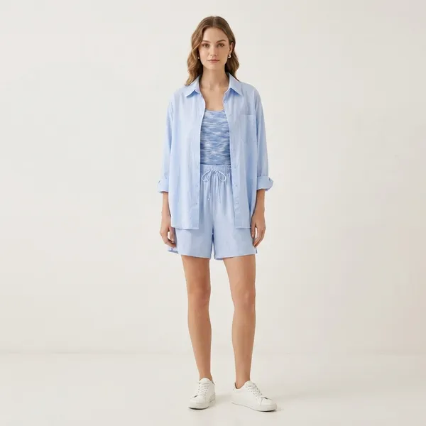 Light_Blue_Cotton_Relaxed_Shirt_And_Shorts_Co_Ord_Set_For_Women