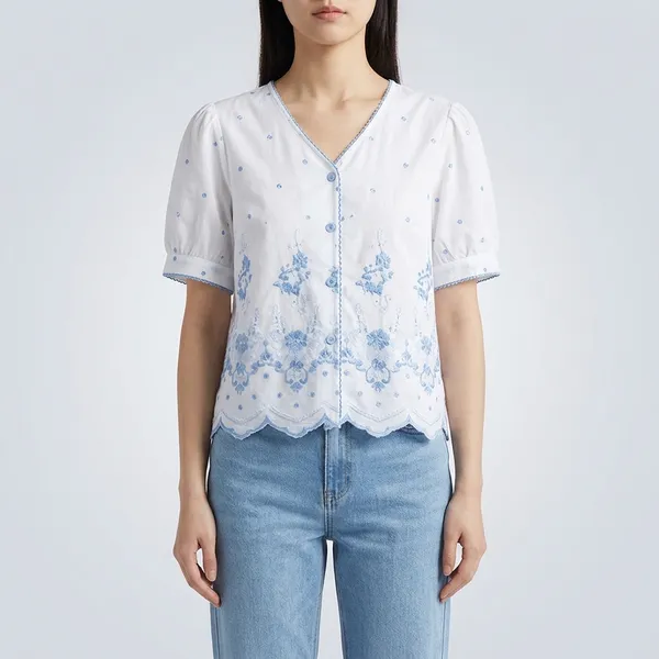 White_Cotton_Floral_Embroidered_Button_Down_Top_For_Women