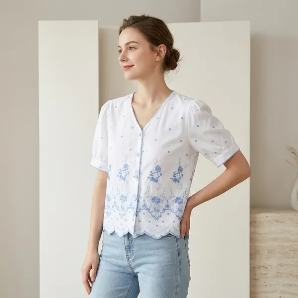 White_Cotton_Floral_Embroidered_Button_Down_Top_For_Women