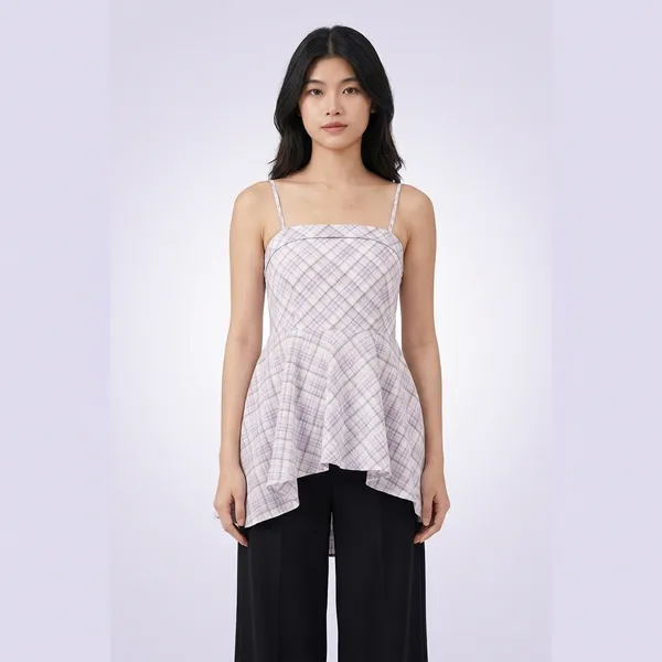 White_And_Purple_Cotton_Checkered_Peplum_Spaghetti_Strap_Top_For_Women