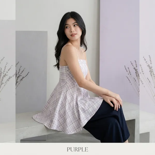 White_And_Purple_Cotton_Checkered_Peplum_Spaghetti_Strap_Top_For_Women