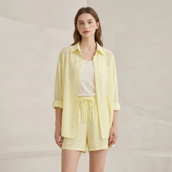 Pastel_Yellow_Sheer_Oversized_Shirt_And_Shorts_Co_Ord_Set_For_Women